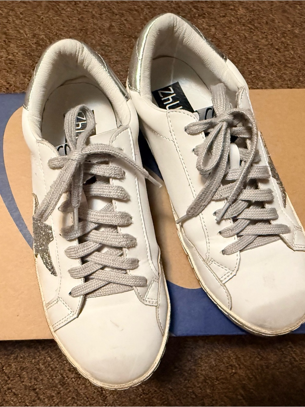White Leather Women’s Sneakers with Silver Star Accent